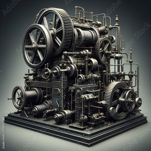 Vintage Sci-Fi Highly Detailed Unusual Retro Magical Steampunk Grungy Industry Equipment Metal Machinery Object Collection of Gears  Cogs    Wheels in Brass   Silver Hydro Turbine. at the Power Plant.