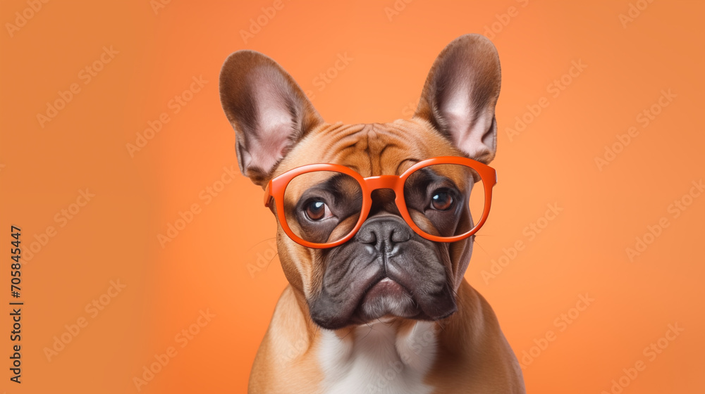 Fashionable bulldog with glasses on a studio background, with copy space