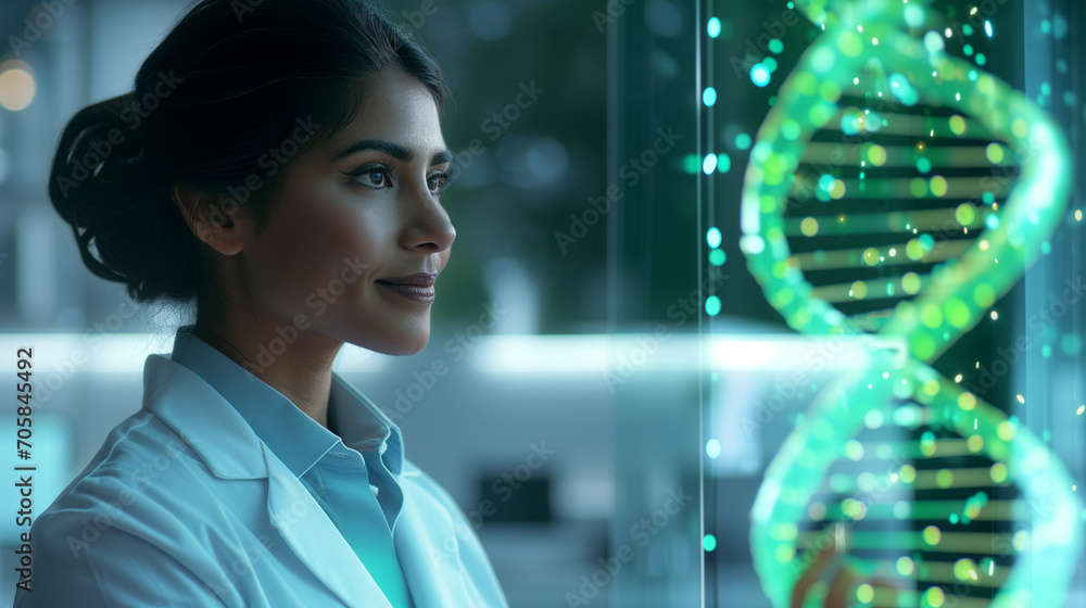 Female Indian Scientist in Lab Analyzing Green DNA Helix Projection, South Asian Biotechnology Researcher, Advanced Genetic Engineering in Modern Laboratory Female Indian Scientist in Lab Analyzing Green DNA Helix Projection, South Asian Biotechnology Researcher, Advanced Genetic Engineering in Modern Laboratory