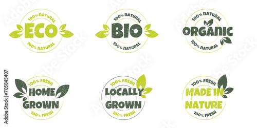 Eco, bio, organic and natural products sticker, label, badge and logo. Ecology icon. Logo template with green leaves for organic and eco friendly products. Vector illustration.