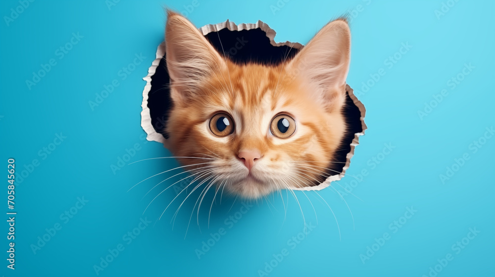 A fluffy ginger cat looks out of a hole on a blue studio background. Pet, torn paper, copy space A fluffy ginger cat looks out of a hole on a blue studio background. Pet, torn paper, copy space