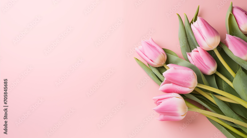 Bouquet of tulips on a pink background with copy space as a greeting card concept for Women's Day