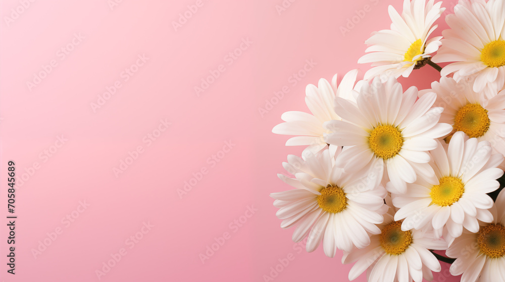 Chamomiles on a pink background with copy space as a concept for a Women's Day card