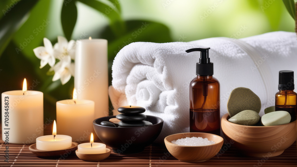 Infuse a Zen-inspired elegance into the composition the beauty of spa accessories in a harmonious setting. Towel with herbal bag and beauty treatments, candles, essential oils Infuse a Zen-inspired elegance into the composition the beauty of spa accessories in a harmonious setting. Towel with herbal bag and beauty treatments, candles, essential oils