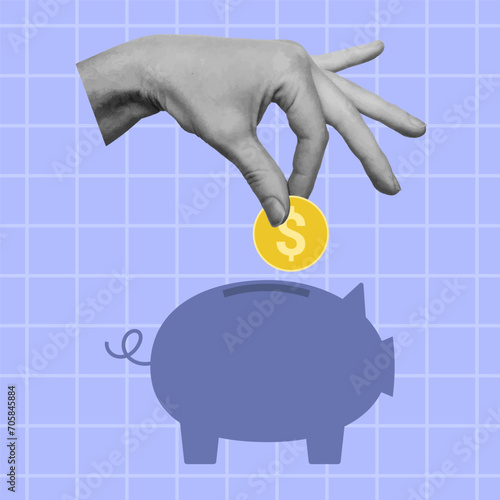 Cut out hand holding coin and piggy bank. Financial planning concept. Vector illustration