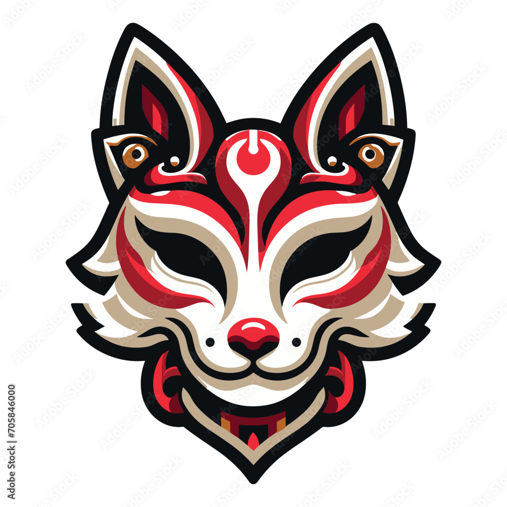 Kitsune mask design logo vector illustration. Traditional Japanese demon. Tattoo print. illustration for t-shirt print, fabric and other uses. Isolated on white background