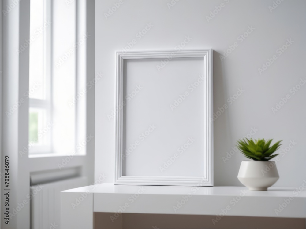 poster frame mockup of the interior room, decorated with white walls, simple and elegant, placed on a white counter. Surrounded by decorative plant vases Placed neatly and cleanly. poster frame mockup of the interior room, decorated with white walls, simple and elegant, placed on a white counter. Surrounded by decorative plant vases Placed neatly and cleanly.