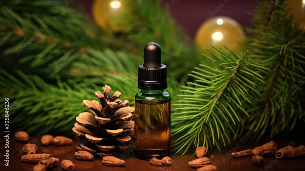 A dropper bottle of essential oil with pine branches and a cone. A dropper bottle of essential oil with pine branches and a cone.
