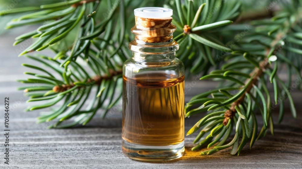 A dropper bottle of essential oil with pine branches and a cone. A dropper bottle of essential oil with pine branches and a cone.