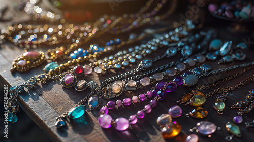 Array of gemstone necklaces displayed on a dark mahogany table, depth of field