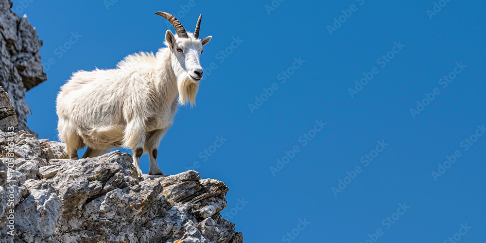Fototapeta premium Capricorn, the Goat: An agile mountain goat perched on a craggy cliff, set against a clear, blue sky