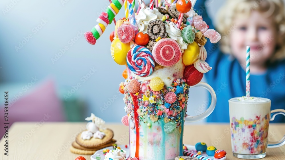 Naklejka premium A joyful child with a massive decorated milkshake freakshake in front of them.