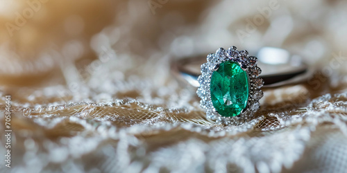 emerald ring on a vintage lace cushion, diamond accents, soft-focus background