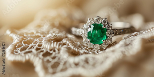 emerald ring on a vintage lace cushion, diamond accents, soft-focus background photo