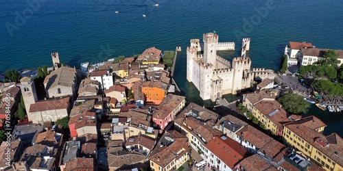 Aerial view of Sirmione castle of Sirmione village in the south Garda lake. Brescia province, Italy photo