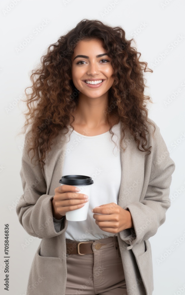 Portrait of a pretty cheerful casual girl standing isolated over white background, drinking takeaway coffee. Portrait of a pretty cheerful casual girl standing isolated over white background, drinking takeaway coffee.