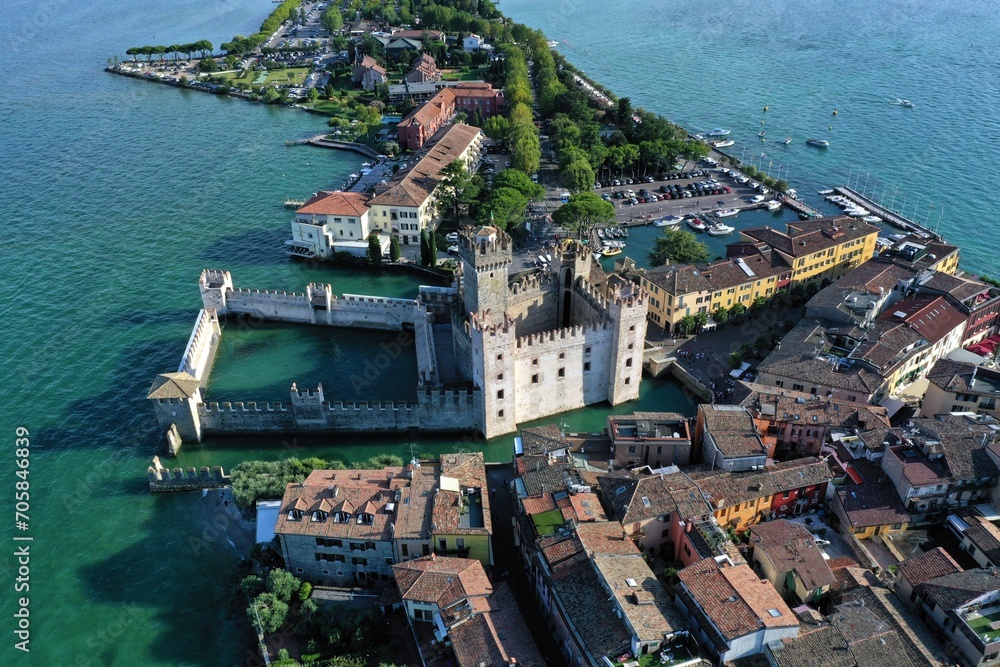 Aerial view of Sirmione castle of Sirmione village in the south Garda lake. Brescia province, Italy