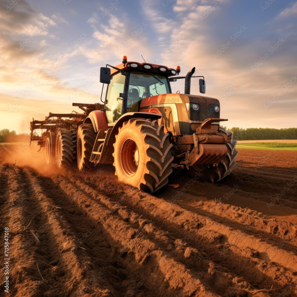 Fototapeta premium Farmer plowing agriculture field with tractor