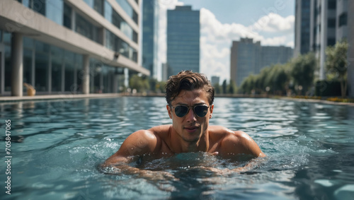 Young man is swimming in the huge pool with blurred city background. AI generated © Mystery