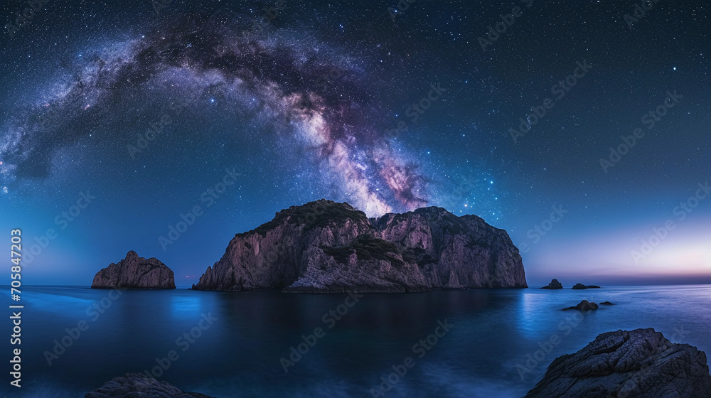 Milky Way, islands illuminated only by starlight, clear night sky