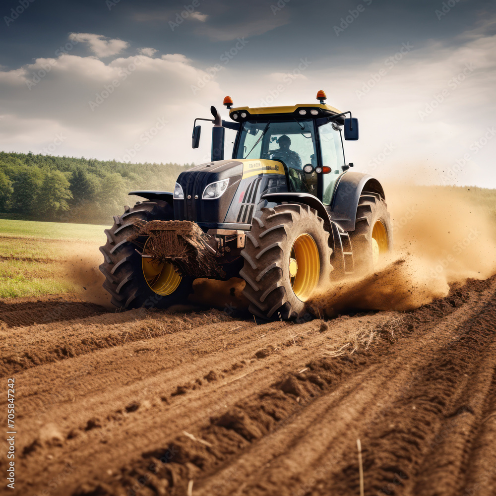 Fototapeta premium Farmer plowing agriculture field with tractor