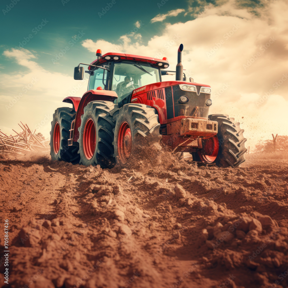 Fototapeta premium Farmer plowing agriculture field with tractor