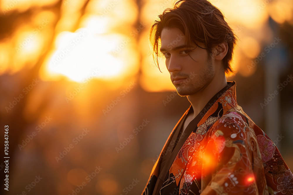 man wearing a modern kimono-styled jacket, shot outdoors during sunset