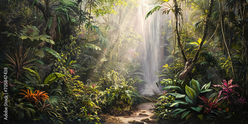 mural of an Amazon rainforest  rich biodiversity  various layers of canopy  rare birds  and vibrant flora  with a hidden waterfall in the background
