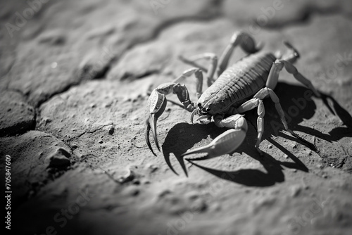 Scorpio  the Scorpion  A close-up of a scorpion  stinger raised  on a rough desert surface