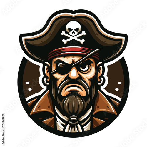 Angry pirate head face with hat and eye patch mascot design vector illustration, logo template isolated on white background