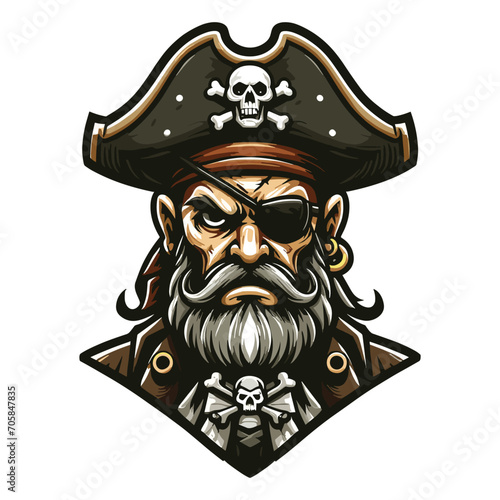 Angry pirate head face with hat and eye patch mascot design vector illustration, logo template isolated on white background