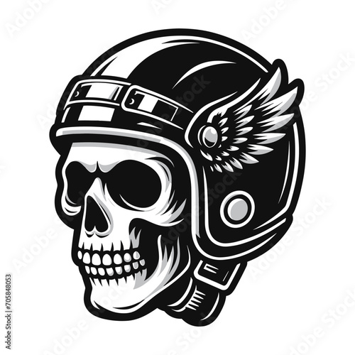 Retro vintage biker racer skull in helmet design vector template illustration. t-shirt design, logo mascot emblem isolated on white background