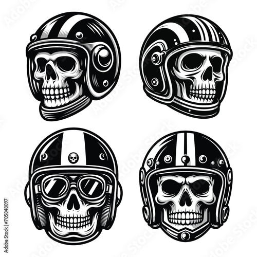 Set of retro vintage biker racer skull in helmet design vector template illustration. t-shirt design, logo mascot emblem isolated on white background photo
