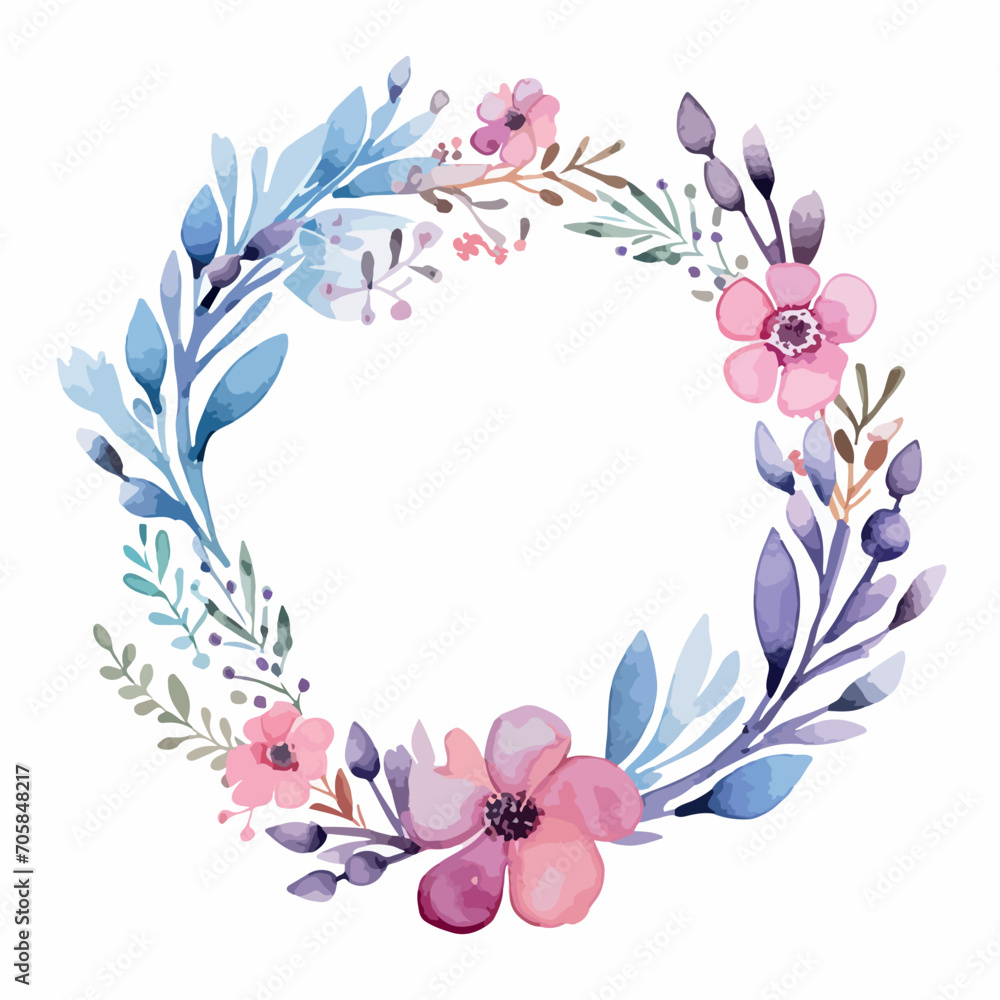Watercolor vector illustration of a Christmas wreath with green branches and red berries.