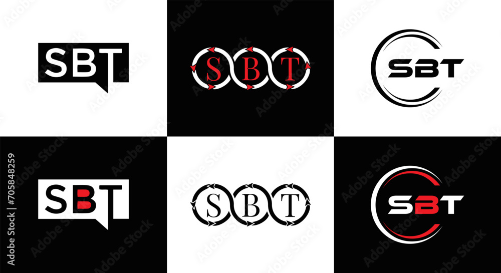 SBT logo. S B T design. White SBT letter. SBT, S B T letter logo design. Initial letter SBT letter logo set, linked circle uppercase monogram logo. S B T letter logo vector design.	
