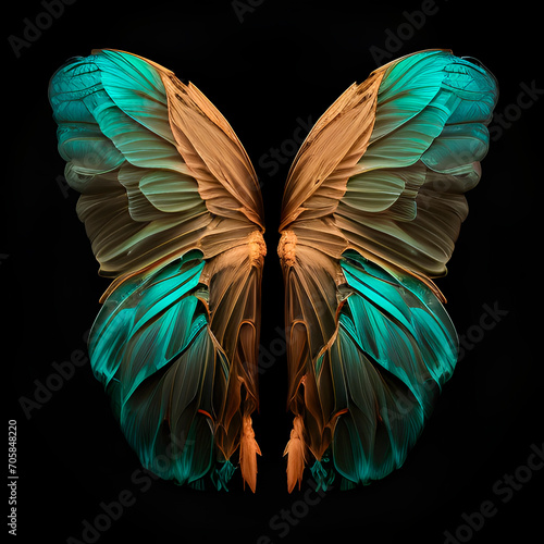	
Beautiful realistic symmetrical angel wings. Detailed brightly colored, gold and turquoise butterfly wings of fantastic creature. Fantasy colors, fairy and elf wings.