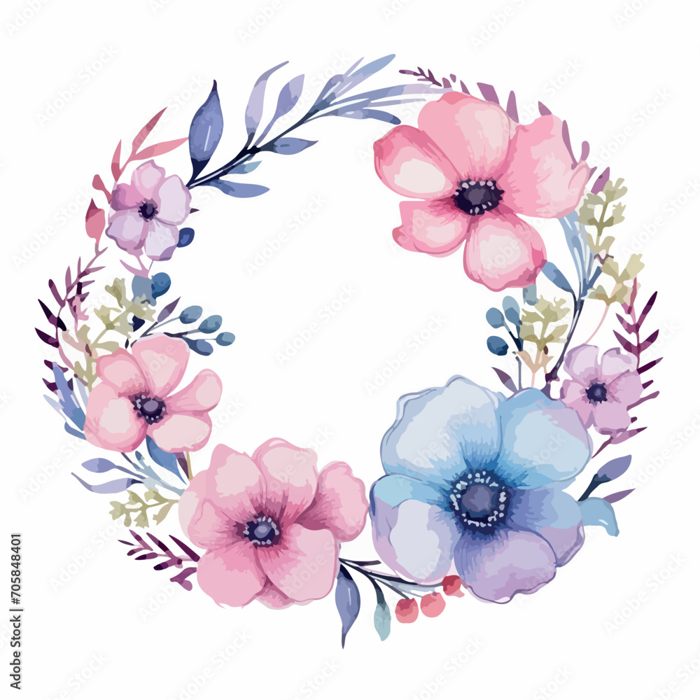 Watercolor vector illustration of a Christmas wreath with green branches and red berries.