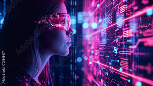 Close up of woman works at night in office using a VR headset with big screens. Future technologies concept, AR holography, virtual reality. © bossakorn