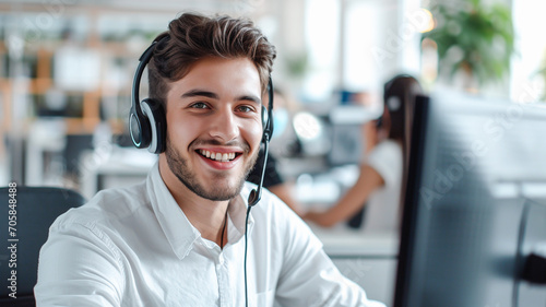 Customer service, Portrait of happy man consulting call center and IT support specialist at a helpdesk patiently guiding users through technology challenges