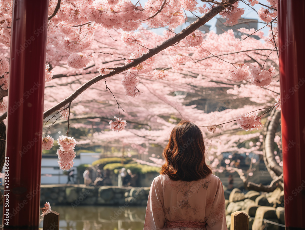 桜並木と女性のうしろ姿　桜満開　観光　旅行