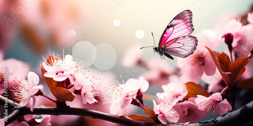 Fototapeta Naklejka Na Ścianę i Meble -  Enchanting Spring Elegance: Close-up of Soft Pink Sakura Flowers and Butterfly in Nature's Radiance
