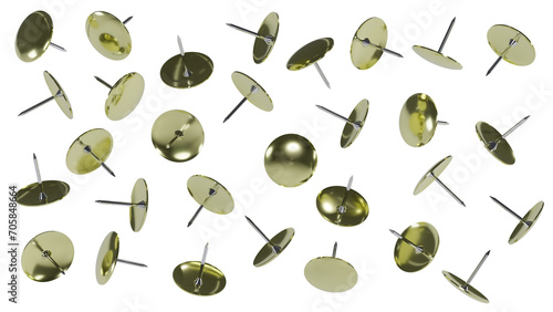 Falling metal push pins isolated on transparent and white background. Office concept. 3D render photo