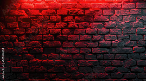 A brick wall illuminated from below with neon red light