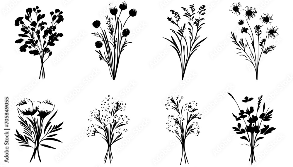 Vector plant set of botanical flowers and herbs. Ink drawings of plants for diy projects, greeting cards, wedding invitations. Isolated hand drawn floral sketch of botany doodle flowers for stationary - obrazy, fototapety, plakaty 