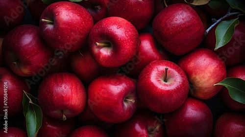 Top view of bright ripe aromatic red apples, background, texture.