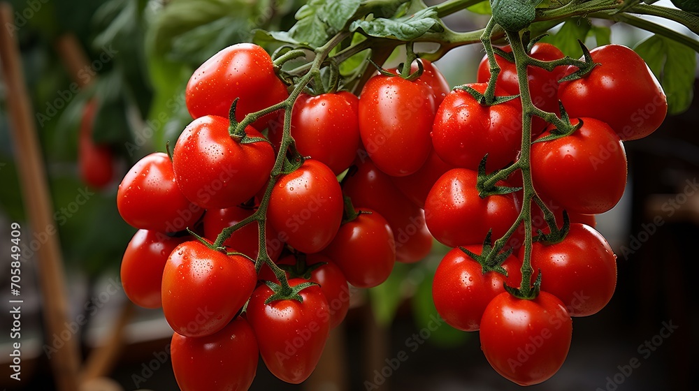 Fresh red tomatoes grow on a branch in a greenhouse.