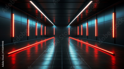 Dark room interior with red glowing neon. Laser linear shape glowing in the dark. Modern corridor or nightclub design. Generative AI photo