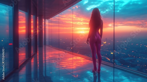 Gorgeous Woman wearing Latex Pink Neutral Fashion Combination - Woman on a Balustrade Background of Architectural Skyscraper Terrace created with Generative AI Technology