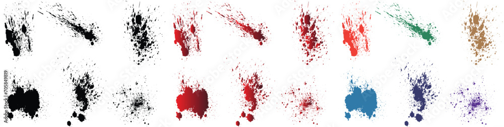 Set of smears isolated blood splatter wheat, purple, orange, red, green, black color realistic vector thick background