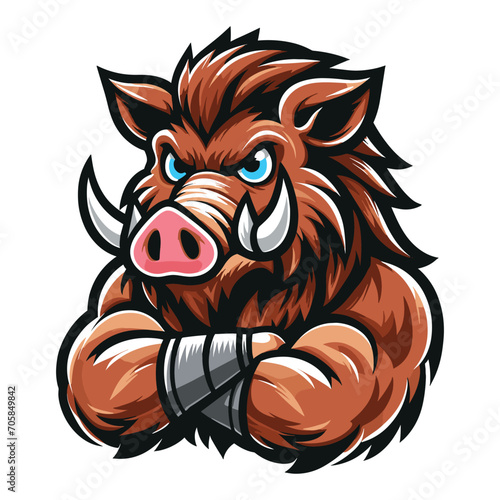 wild beast strong muscle hog boar pig mascot design vector illustration, logo template isolated on white background